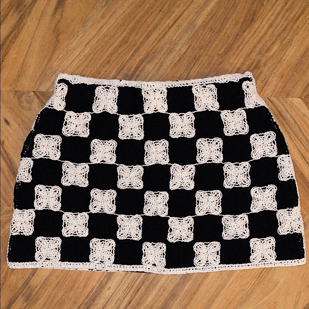 Mango Black and Cream Checkered Knit Mini Skirt